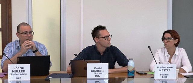 De gauche à droite : M. MULLER; directeur adjoint des affaires économiques du gouvernement, M. GINOCCHI, directeur des affaires juridiques du gouvernement et Mme MESTRE; directrice des affaires sanitaires et sociales du gouvernement.