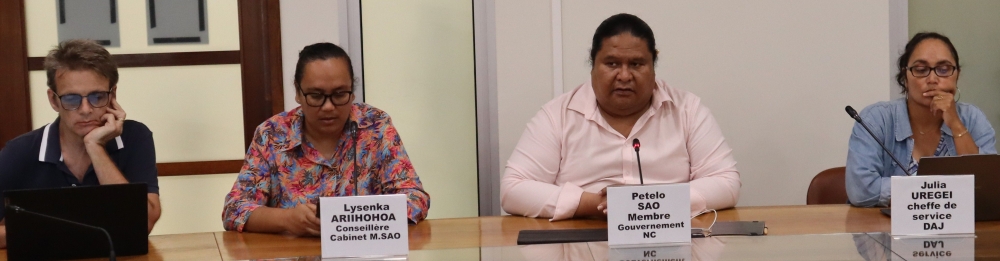 De gauche à droite : Monsieur Steven MERIADEC - Responsable de la cellule habitat et urbanisme, Madame Lysenka ARIIHOHOA - Conseillère du gouvernement, Monsieur Petelo SAO - Membre du gouvernement, Madame Julia UREGEI - Cheffe de service à la direction des affaires juridiques