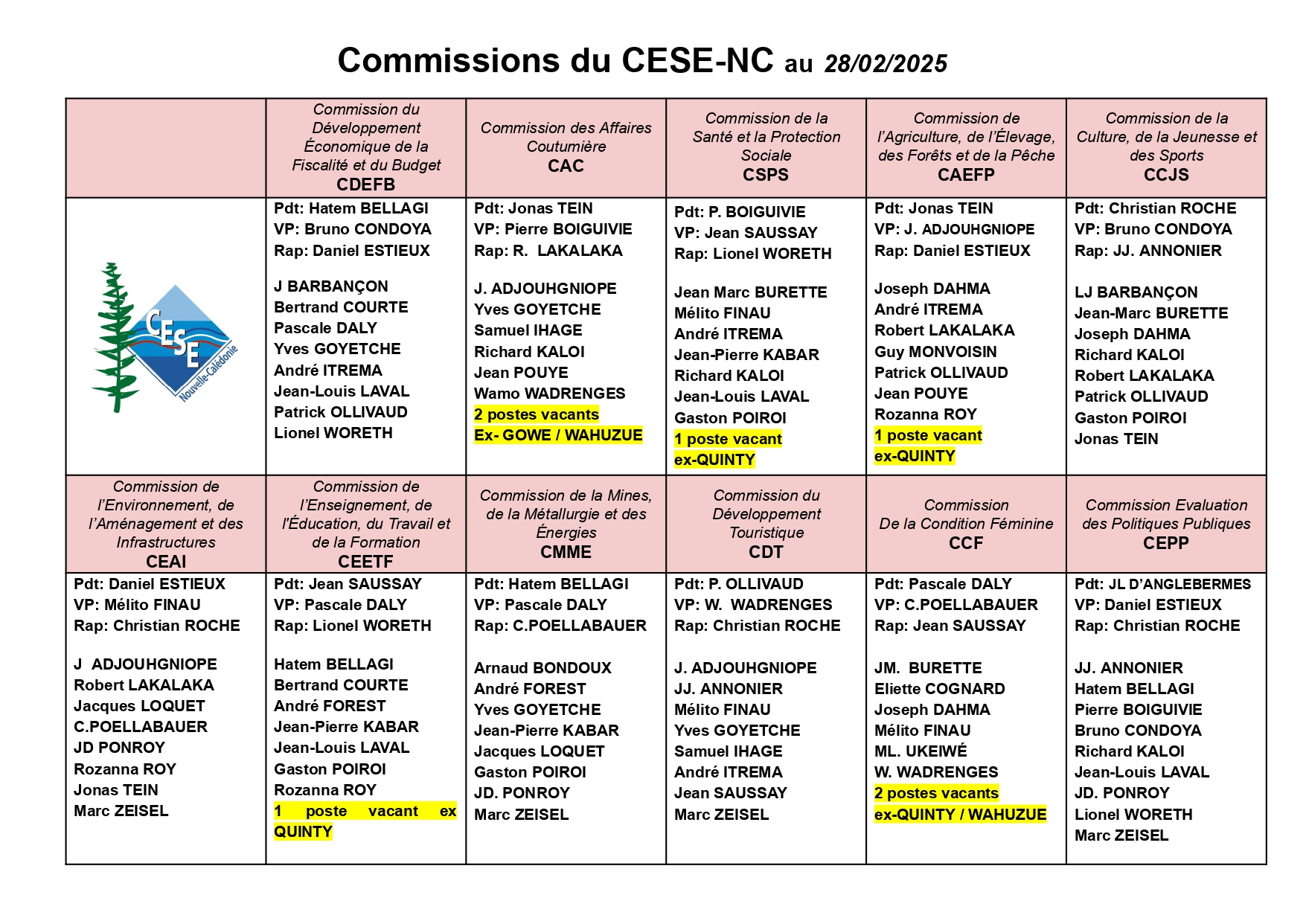 Tableau des 11 commissions du CESE-NC suite élections du 28 février 2025